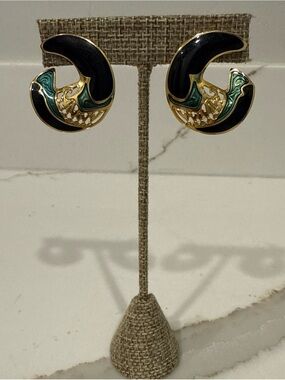 Edgar Berebi Vintage 80’s Black Gold Green Crescent Post Earrings